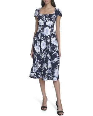 Calvin Klein Crepe Cap Sleeve Midi Dress - Blue