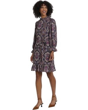 Maggy London S Long Sleeve Ruffle Mock Neck With Waist Tie Business Casual Dress - Multicolor