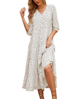 Beautiful Nomad Casual V Neck Boho Dress Puff Sleeve High Waist Floral Smocked Flowy Ruffle Midi Dresses - White