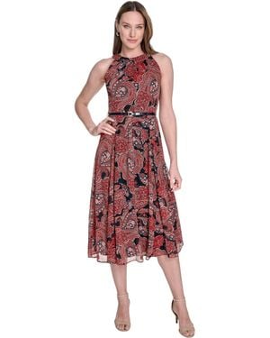 Tommy Hilfiger Floral Belted Halter Dress Casual - Red