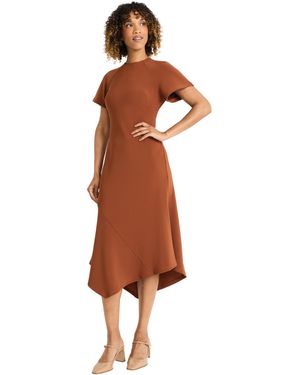 Maggy London Elegant Midi Asymmetrical Hemline-short Sleeve Fitted Bodice-versatile Cocktail Dress - Brown