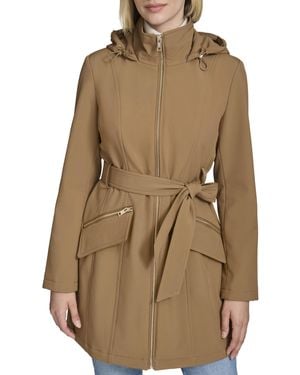 Andrew Marc Hooded All-weather Water-resistant Belted Soft Shell Jacket - Natural