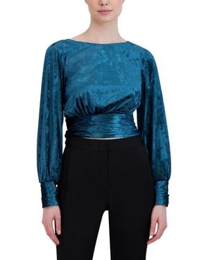 BCBGMAXAZRIA Blouson Long Bishop Sleeve Top Boat Neck Shirred Waistband Cuff Shirt - Blue