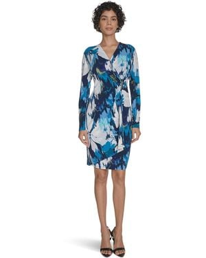 Calvin Klein Long Sleeve Floral Jersey Sheath - Blue
