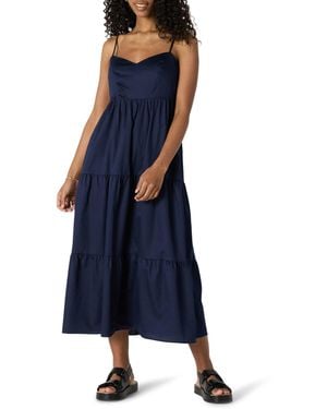 Amazon Essentials Fit And Flare Empire Waisted Cotton Sateen Tiered Maxi Dress - Blue