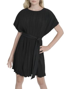 DKNY Short Sleeve Jewel Neck Above The Knee Pleated Dress With Removable Belt - Black