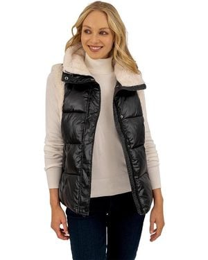 Kensie Puffer Vest With Faux Sherpa Fur Trim - Black