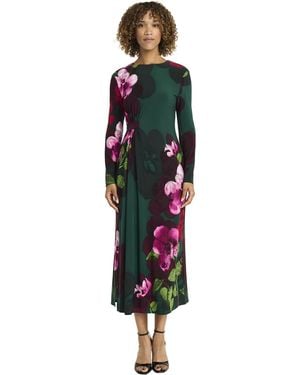 Maggy London Elegant Floral Midi Bodycon Long Sleeve Cinched Waist-wedding Guest Cocktail Garden Dress - Red