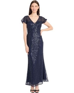 Maggy London Sequin Lace Flutter Sleeve V-neck Trumpet Gown-fitted Evening Long Formal Dress - Blue