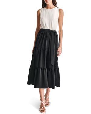 DKNY Sleeveless Jewel Neck Tiered Skirt Midi Dress With Removable Belt - Black
