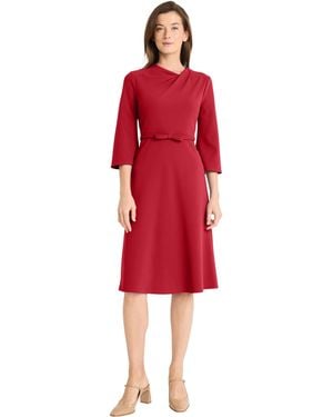 Maggy London Line Midi Dress - Asymmetrical Neckline - 3/4 Bell Sleeves - Bow Belt - Versatile Work - Red