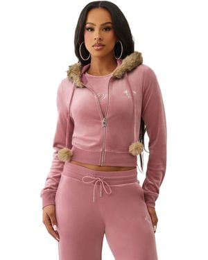 TRUE RELIGION Velour Crystal Shrunken 's Zip Up Hoodie – Cropped - Red