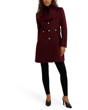Kensie Outerwear Button Up Twill Wool Coat - Red