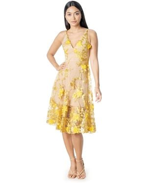 Dress the Population Audrey Spaghetti Strap Midi A-line 3d Floral Dress - Yellow