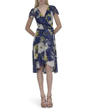 DKNY Flutter Sleeve Surplice Tie Fit & Flare Midi Dress - Blue