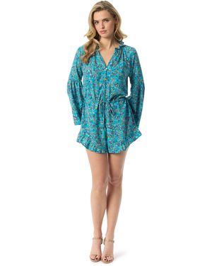 Jessica Simpson S Aurella Ruffled Long Sleeve Button Front Romper Standard - Blue