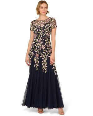 Adrianna Papell Vine Bead Mesh Long Dress - Blue