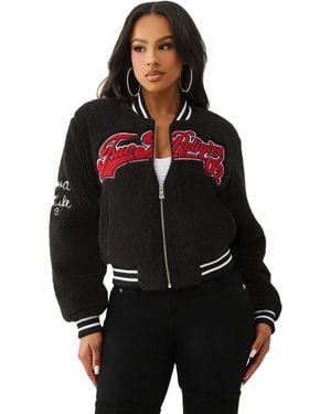 TRUE RELIGION Varsity Chenille Bomber Women's Jacket | Winter Coat For Women With Bold Patches & Snap Buttons - Jet Black,
