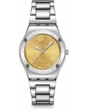 Swatch I Medium Watch Dress Stainless Steel Yellow Quartz Waterproof Petal Swirl - Metallic
