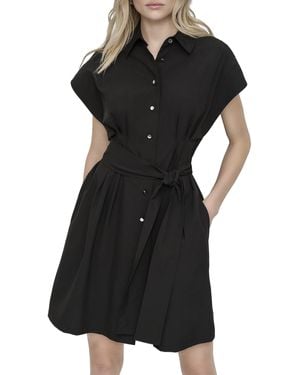 DKNY Cap Sleeve Collared Neck Belted Shirtdress With Pockets - Black