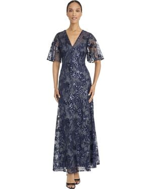 Maggy London V Neck Short Sleeve Embroidered Mesh Maxi Line Special Occasion Wedding Guest Dresses - Blue