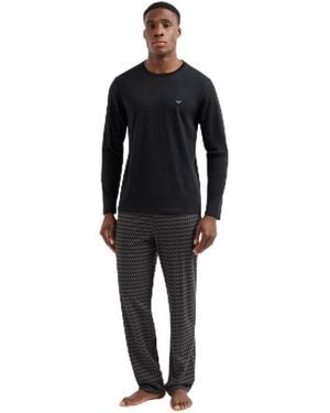 Emporio Armani Pattern Mix Pajama Pant And Long Sleeve Tee Set - Blue