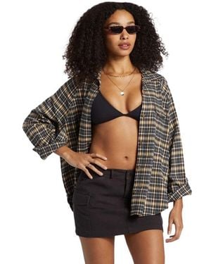 Billabong Best Time Oversized Fit Button Down Long Sleeve Cotton Flannel Shirt - Black
