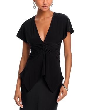 BCBGMAXAZRIA Short Sleeve V Neck Ruched Knit Top - Black