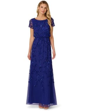 Adrianna Papell Jasmine Beaded Blouson Gown With Sheer Short Sleeves - Blue
