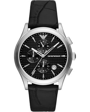 Emporio Armani Chronograph Stainless Steel And Black Leather Watch