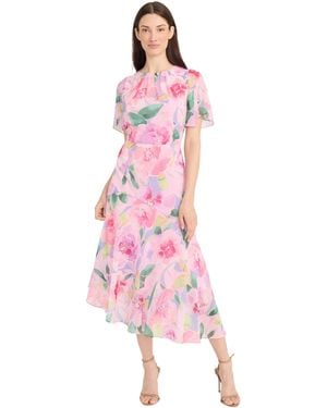 Maggy London Short Flutter Sleeve Fit And Flare Dress With Asymmetric Hem Tier - Pink