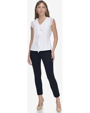 Tommy Hilfiger Sleeveless Mix Media Ruffle Front Blouse - White