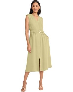Maggy London V Neck Cap Sleeve Midi Belt-side Pockets And Back Zipper-business Casual Work Dress - Yellow