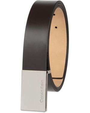 Calvin Klein Brushed Nickel Plaque Buckle Belt - Brown