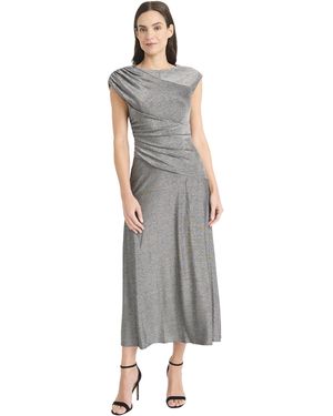 Maggy London Elegant Ruched Midi Cap Sleeve Boat Neck-slim-fitting Cocktail Dress - Gray