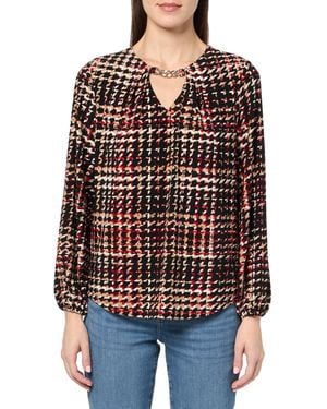 Anne Klein Printed Ity Ls Pleat Neck Blouson Top - Red