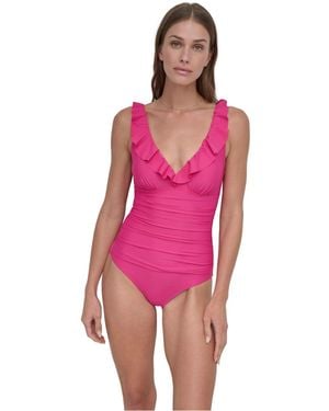 DKNY Standard Ruffle V-neck One Piece Swimsuit - Pink