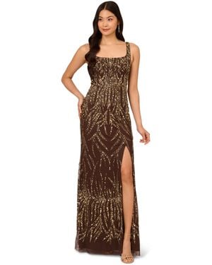 Adrianna Papell Sleeveless Bead Long Dress - Brown