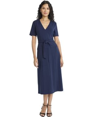 Maggy London V Neck Short Sleeve Wrap Midi Tie Belt-casual Wedding Guest Dresses - Blue
