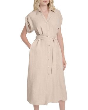 DKNY Short Extended Sleeves Collared Neck Slit Pocket Dress With Removable Belt - Natural
