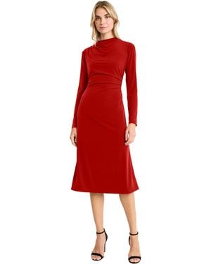 Maggy London Elegant Midi Long Sleeve Mock Neck A-line Silhouette-ruched Waist Formal Evening Dress - Red