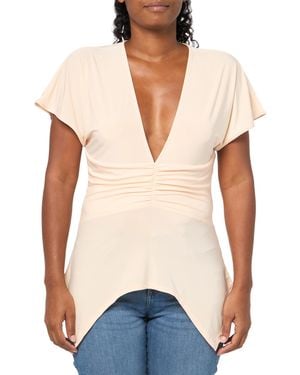 BCBGMAXAZRIA Short Sleeve V Neck Ruched Knit Top - Blue