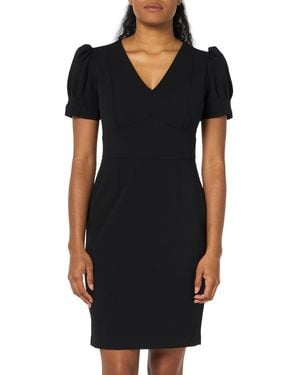 DKNY V-neck Short Puff Sleeve Dress - Black