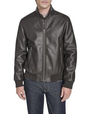 Cole Haan Stand Collar Pebbly Texture Faux Leather Jacket - Black