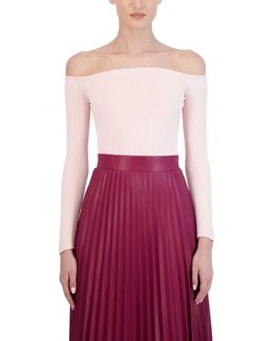 BCBGMAXAZRIA Fitted Ribbed Sweater Off The Shoulder Long Sleeve Sculpted Neck Top - Red