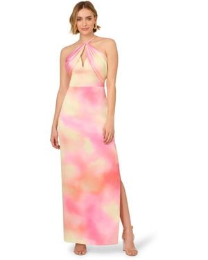 Adrianna Papell Printed Sateen Long Dress - Pink