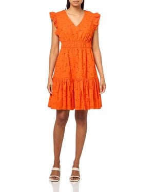 Anne Klein Vneck Ruffle Slv Short Dress - Orange