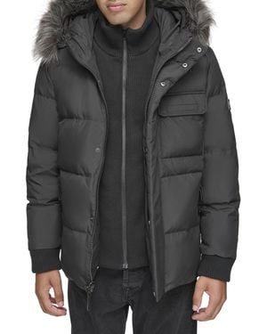 Andrew Marc Mid Length With Rib Knit Bib And Faux Fur Trim Hood - Black