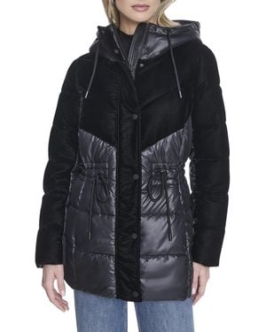 Andrew Marc Hooded Velvet Trimmed Insulated Cold Weather Puffer Jacket - Black
