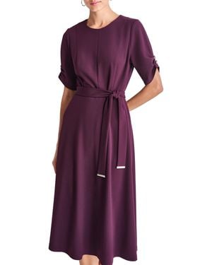 DKNY Short Ruched Sleeve Jewel Neck Midi Dress With Removable Belt - Purple